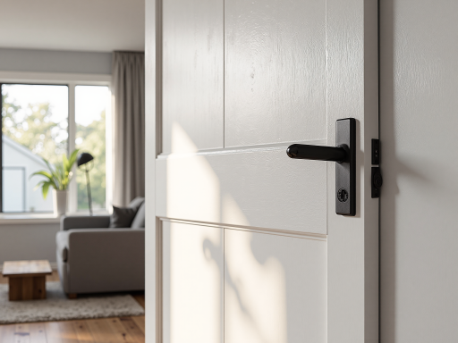 现代简约风格室内门，白色烤漆表面，平板设计，金属拉手，客厅背景